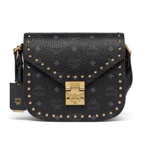 MCM Patricia Studded Outline Shoulder Bag In Visetos In Black